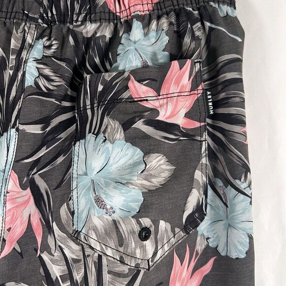 Hurley Board Shorts Men's Medium Grey Hawaiian Pull On Drawstring Pockets Lined - Picture 6 of 8